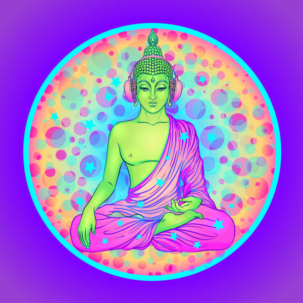 Peace and Love. Colorful Buddha in rainbow glasses listening to the music in headphones. Vector illustration. Peace and Love. Colorful Buddha in rainbow glasses listening to the music in headphones. Vector illustration. Hippie peace sign on sunglasses. Psychedelic concept. Buddhism, trance music. Esoteric art buddha face stock illustrations