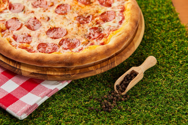 Traditional italian Pizza Pepperoni with salami, mozzarella and basil on green grass background