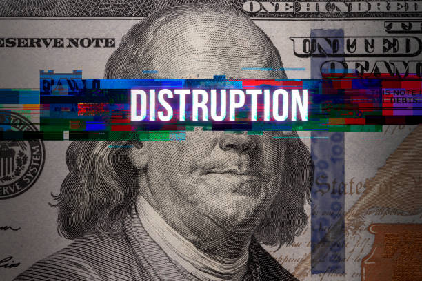 istock Abstract glitch with word DISRUPTION on 100 Dollar bill 1301794498