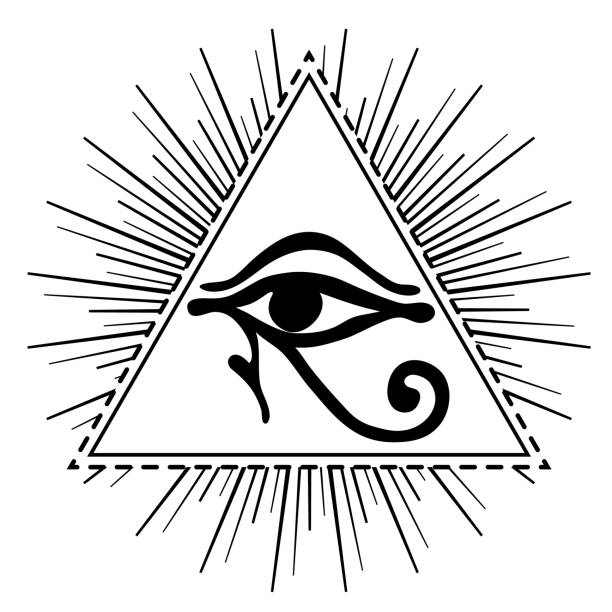 Wadjet in pyramid, ancient Egyptian symbol of protection. Wadjet in pyramid, ancient Egyptian symbol of protection, royal power, good health. Eye of Horus. All seeing eye sign. Alchemy, religion, spirituality, occultism, tattoo. Isolated vector illustration. horus stock illustrations