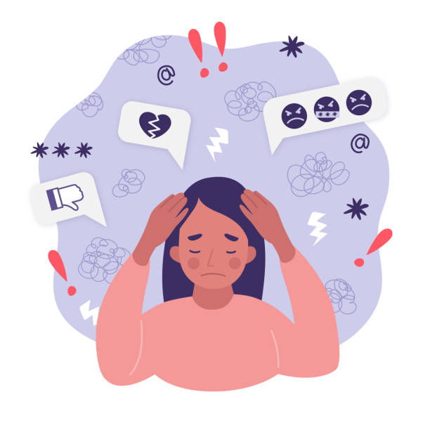 Concept victim of bullying, cyber-harassment, cyberstalking. Portrait of woman with frustration, mental stress, sadness, head pain and negative emotions. Girl covering head with hands because of intimidation on social media. Flat vector illustration. Flat vector illustration mental burnout stock illustrations