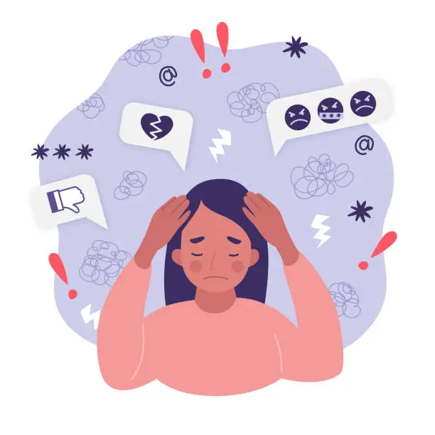 Vector illustration of Concept victim of bullying, cyber-harassment, cyberstalking. Portrait of woman with frustration, mental stress, sadness, head pain and negative emotions. Girl covering head with hands because of intimidation on social media. Flat vector illustration.