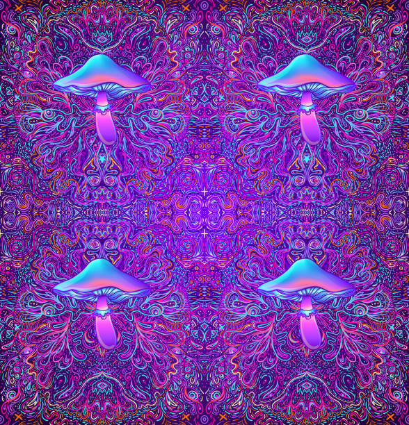 волшебные грибы.  психоделический бесшовный узор. - magic mushroom psychedelic mushroom fungus stock illustrations