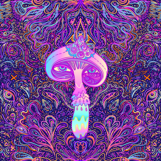 illustrations, cliparts, dessins animés et icônes de champignons magiques.  motif psychédélique sans couture. - magic mushroom psychedelic mushroom fungus