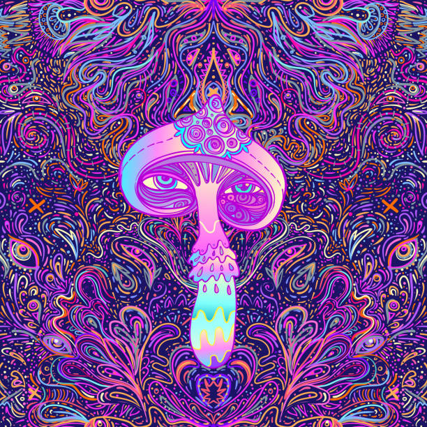 魔法のキノコ。 サイケデリックシームレスパターン。 - magic mushroom psychedelic mushroom fungus点のイラスト素材／クリップアート素材／マンガ素材／アイコン素材