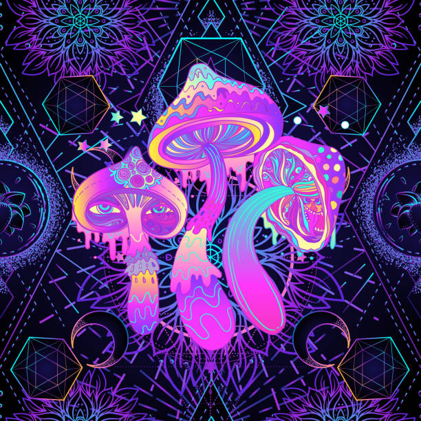 психоделический бесшовный узор с волшебными грибами - magic mushroom psychedelic mushroom fungus stock illustrations