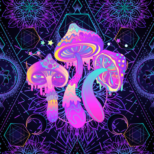 Psychedelic seamless pattern with magic mushrooms vector art illustration