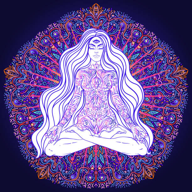 Beautiful Girl sitting in lotus position over ornate colorful neon background. vector art illustration