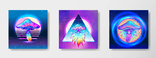 Retro futurism. Vintage 80s or 90s style background with magic mushrooms. Retro futurism. Vintage 80s or 90s style background with magic mushrooms. Good design for textile t-shirt print design, flyer and poster. Futuristic vector illustration in bright neon colors. lsd trip stock illustrations