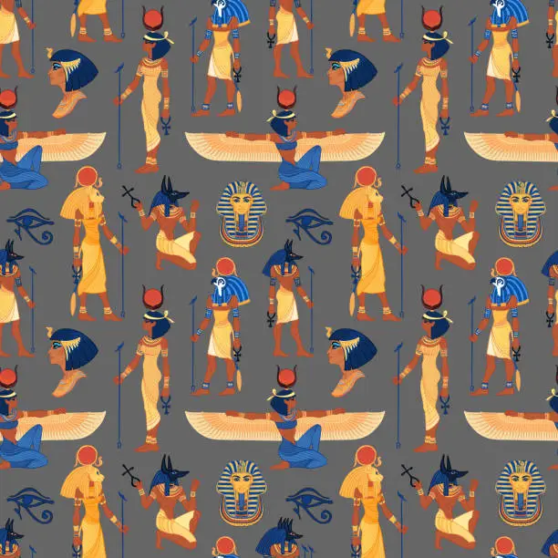 Vector illustration of Ancient Egypt. Seamless pattern with Egyptian gods and symbols