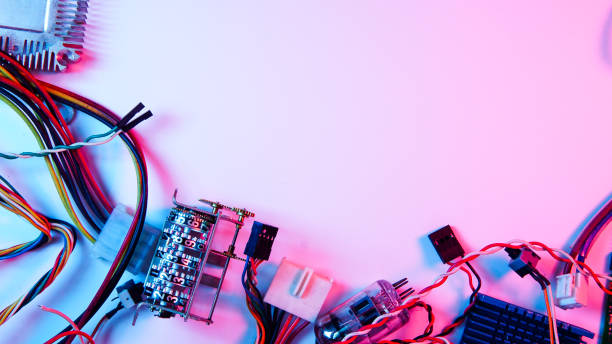 istock wires, electrical circuits, and electric boards . red and blue illumination, cyberpunk. 1301798836
