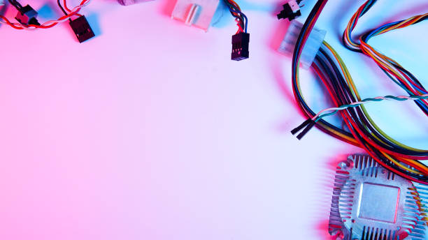 istock wires, electrical circuits, and electric boards . red and blue illumination, cyberpunk. 1301798866