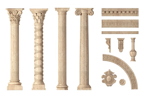 3d illustration. Classic antique marble columns set in in different styles