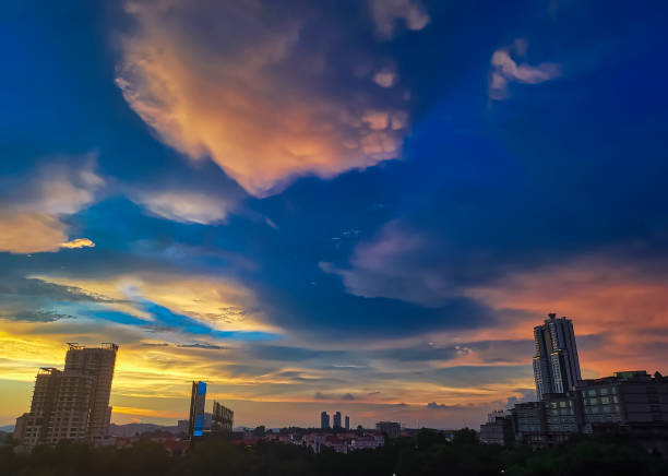 istock Evening sunset with dramatic sky cityscape captured by mobile phone 1301801367