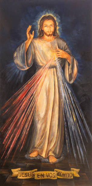 Barcelona - The painting of traditional Divine Mercy of Jesus Barcelona - The painting of traditional Divine Mercy of Jesus the chruch Iglesia de Belen by artists (Grupo Flama). forgiveness stock pictures, royalty-free photos & images