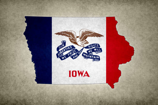 Grunge map of the state of Iowa with its flag printed within Grunge map of the state of Iowa (USA) with its flag printed within its border on an old paper. iowa flag stock pictures, royalty-free photos & images