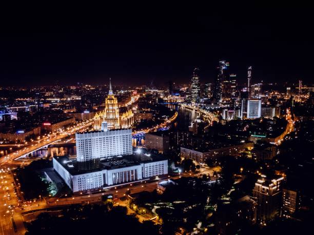 istock High angel view of illuminated night city 1301803866