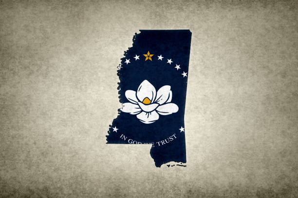 mapa grunge del estado de mississippi con su bandera impresa dentro - magnolia southern usa white flower fotografías e imágenes de stock