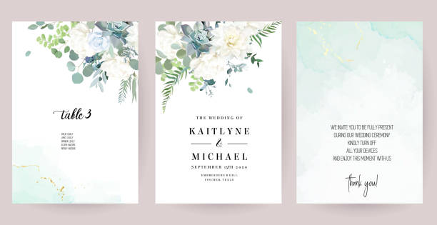 Silver sage green, mint, blue, white flowers vector design spring cards Silver sage green, mint, blue, white flowers vector design spring cards. White peony, dahlia, dusty rose, succulent, eucalyptus, greenery. Floral wedding frames. Elements are isolated and editable wedding stock illustrations