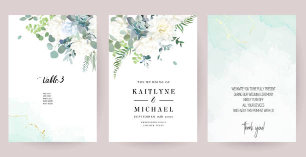 Silver sage green, mint, blue, white flowers vector design spring cards Silver sage green, mint, blue, white flowers vector design spring cards. White peony, dahlia, dusty rose, succulent, eucalyptus, greenery. Floral wedding frames. Elements are isolated and editable golden roses stock illustrations