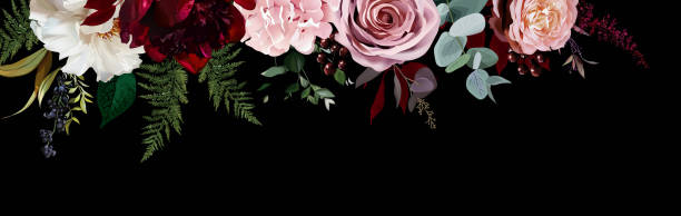 istock Elegant dark banner, arranged leaves and flowers 1301805589