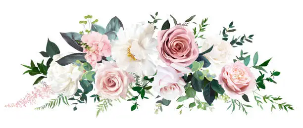 Vector illustration of Dusty pink and cream rose, peony, hydrangea flower, tropical leaves vector garland