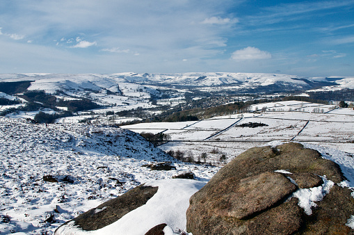 Mam Tor mountain ridge in snow with village of Hathersage in valley and gritstone in foreground.