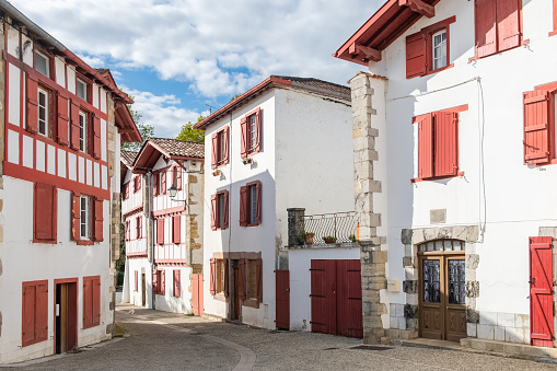 Typical houses in the village of Espelette in the Basque country, France