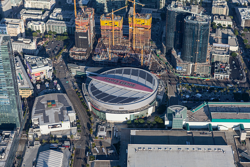 Los Angeles, California, USA - August 7, 2017:  Aerial view of Staples Center and neighboring construction projects.