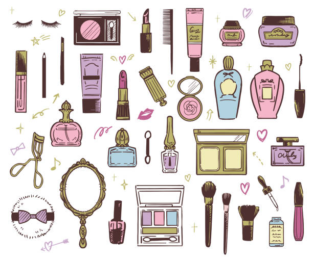 Lovely girls cosmetics illustrations. Lovely girls cosmetics illustrations. beauty product illustrations stock illustrations
