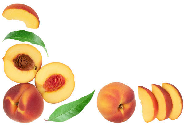 istock ripe peach isolated on white background . Top view with copy space for your text. Flat lay pattern 1301808738