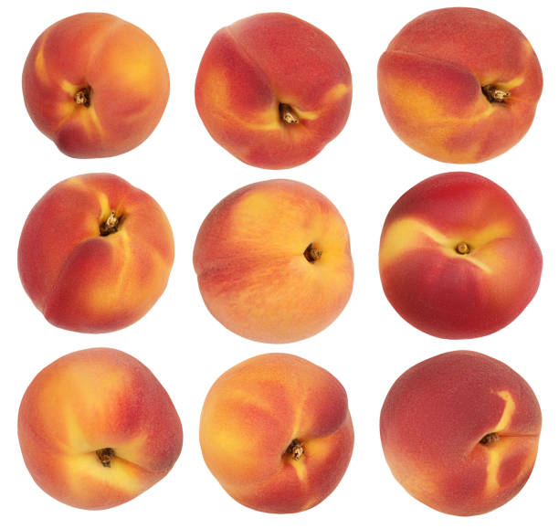 istock ripe peach isolated on white background with clipping path. Top view. Flat lay pattern 1301808762