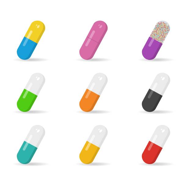 illustrations, cliparts, dessins animés et icônes de ensemble de capsules colorées. pilules de médecine dans différentes couleurs. antibiotiques, analgésiques, vitamines ou aspirine. icône médicale et hospitalière. - vector vitamin pill purple orange