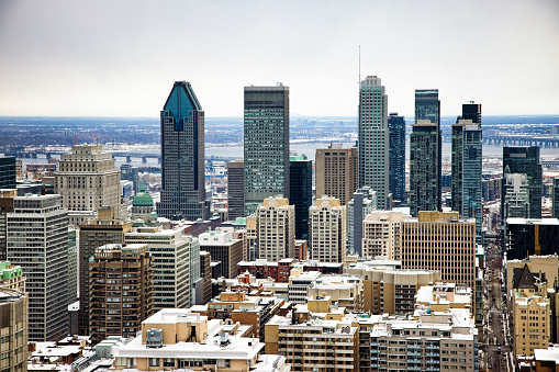 Elevated view of Montreal downtown skyline on a Winter overcast day