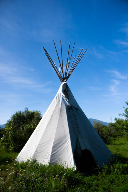 istock White indian tipi tent, blue sky, green trees and grass 1301811948