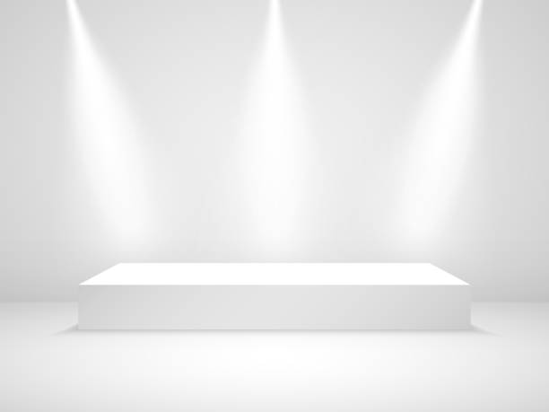 White podium mockup. Studio room with light. Award stage with spotlight. Clean pedestal blank. 3d platform for ceremony. Rectangle scene with light effect. Vector illustration White podium mockup. Studio room with light. Award stage with spotlight. Clean pedestal blank. 3d platform for ceremony. Rectangle scene with light effect. Vector illustration. stage stock illustrations