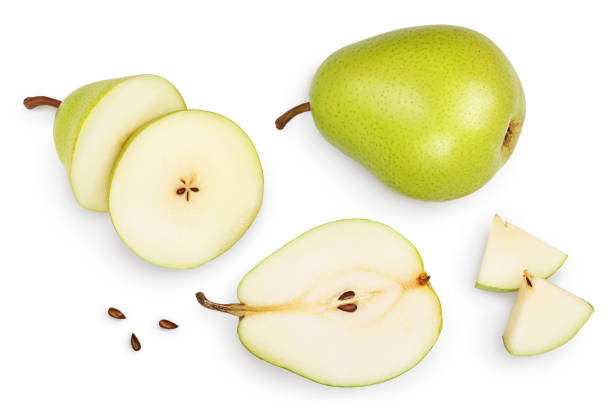 istock Green pear fruit with half and slices isolated on white background with clipping path. Top view. Flat lay 1301815321