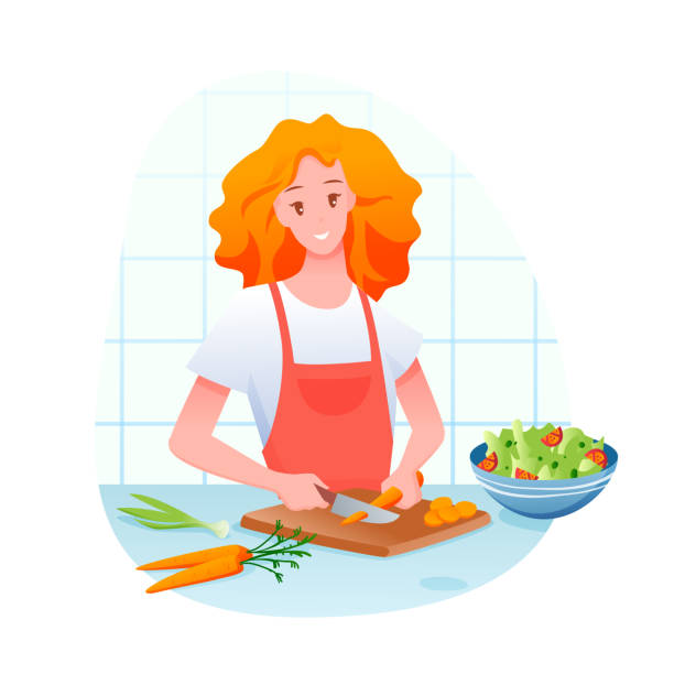 ilustrações de stock, clip art, desenhos animados e ícones de young girl cutting carrot, cooking green vegetable salad - vegetables table