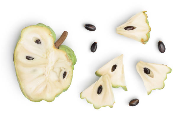 Sugar apple or custard apple isolated on white background with clipping path. Exotic tropical Thai annona or cherimoya fruit. Top view. Flat lay Sugar apple or custard apple isolated on white background with clipping path. Exotic tropical Thai annona or cherimoya fruit. Top view. Flat lay. annona muricata stock pictures, royalty-free photos & images