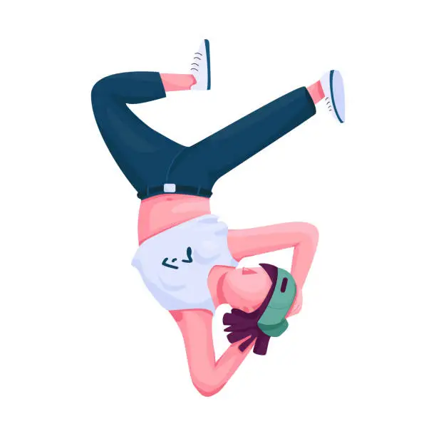 Vector illustration of Break dance performer flat color vector faceless character. Stylish teenager standing on hand. Hip hop dancer show isolated cartoon illustration for web graphic design and animation