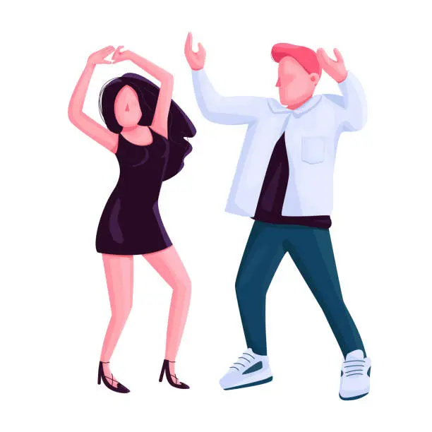 Vector illustration of Man and woman couple dancing together flat color vector faceless character. Boyfriend and girlfriend at nightclub disco party isolated cartoon illustration for web graphic design and animation
