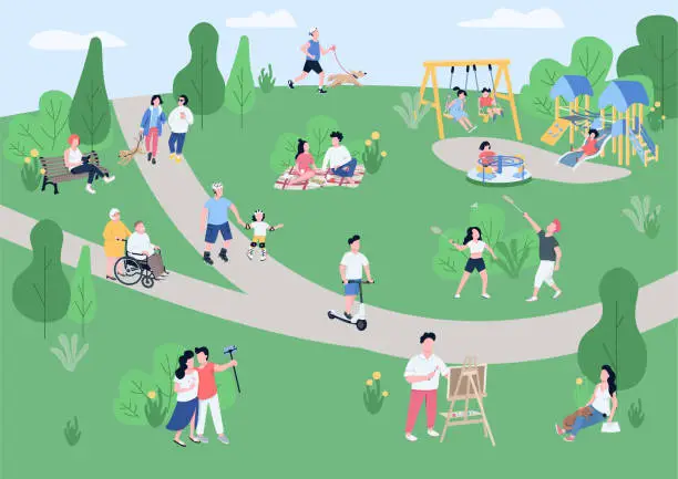 Vector illustration of National park visitors flat color vector illustration. People enjoying summertime recreation activities, kids on playground 2D cartoon characters with trees, green lawns and paths on background