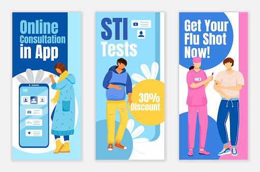 Online consultation in app flyers flat vector templates set. STI test discount printable leaflet design layout. Get your flu shot now advertising web vertical banner, social media stories