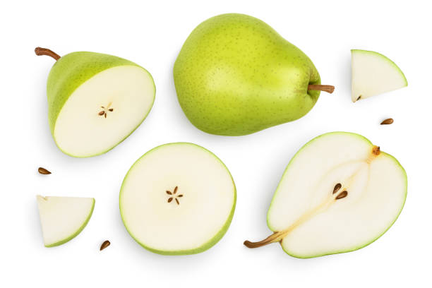 istock Green pear fruit with slices isolated on white background with clipping path. Top view. Flat lay 1301819112