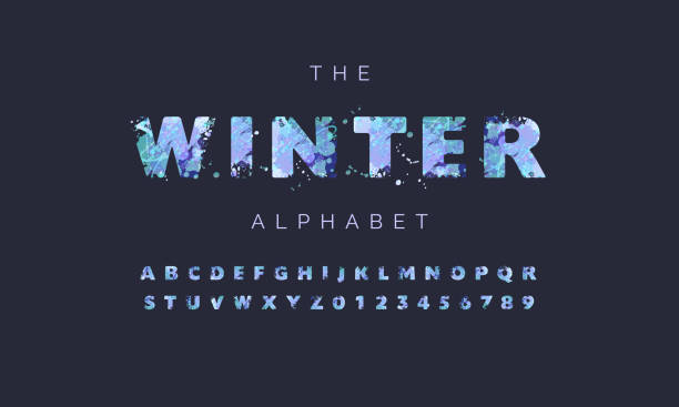 ilustrações de stock, clip art, desenhos animados e ícones de winter season frost vector alphabet with multicolored spots of paint on a dark navy background - man made ice