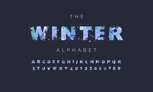 Vector alphabet with multicolored spots of paint on a dark navy background. Winter season frost set of letters and numbers. Design for banner, flyer, tag, decoration, poster or invitation.