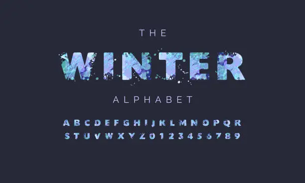 Vector illustration of Winter season frost vector alphabet with multicolored spots of paint on a dark navy background