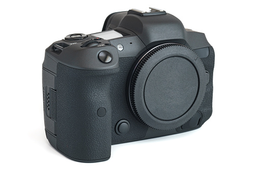 Modern mirrorless full-frame high resolution digital camera (photo 45 Mpix/video 8k), isolated on white.