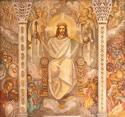 BARCELONA, SPAIN - MARCH 3, 2020: The fresco of Last Judgment in the church Parroquia Santa Teresa de l'Infant Jesus by Francisco Labarta.