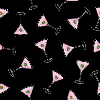 Vector seamless pattern of pink martinis on a black square background.